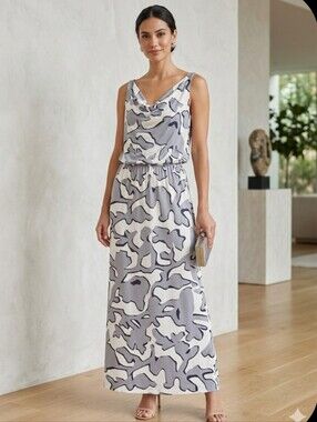 DVF Diane von Furstenberg Grey Silk Abstract Cowl Neck Blouson Maxi Dress 8